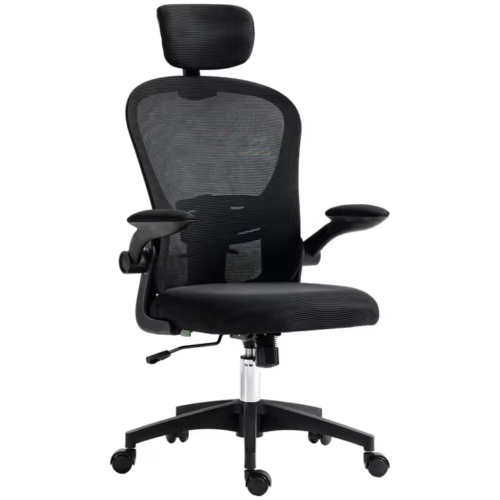 Vinsetto Silla de Malla Basculante Silla de Oficina Giratoria Silla de Escritorio con Respaldo Alto Reposacabezas Ajustable Soporte Lumbar 4D Brazo Abatible Altura Ajustable 62x64x112-120 cm - 1
