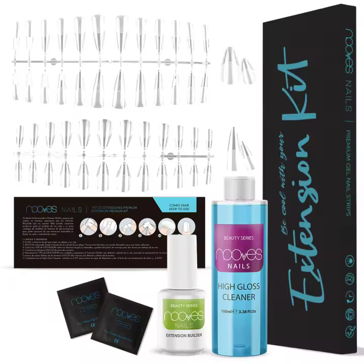 NOOVES NAILS Extensión Premium Kit - Pack para láminas de uñas de gel - Incluye 40 tips - Limpiador de 100ml y Extension Builder Gel - 1