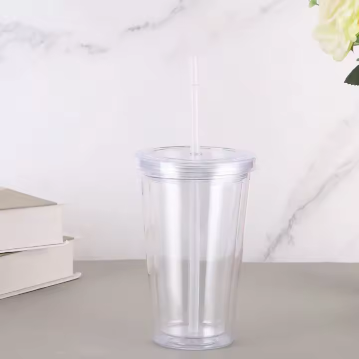Botella De Agua Reutilizable De 450ml Con Tapa Y Pajita Doble Capa Transparente Plástica Para Beber En Exteriores Taza De Leche Y Té - 1