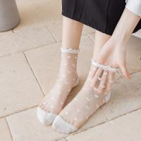 Calcetines De Verano Para Mujer Lolita Con Cristalina Delgada En Vidrio Y Encaje Francés Ruffle Al Final De La Rodilla Con Rayas De Corazón Translúcidos Para Niñas - details 9