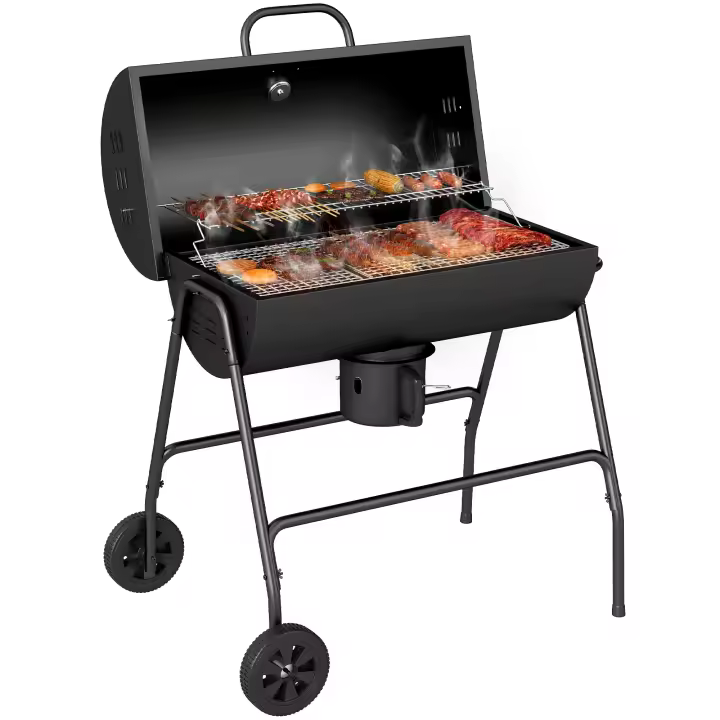 Parrilla de Carbón de Metal BBQ Ahumador with Tapa Rueda Termómetro Asa de Carbón Ajustable, Parrilla de Carbón Móvil para Camión, Parrilla de Carbón Camping, Patio, 95x71,5x102cm - 1
