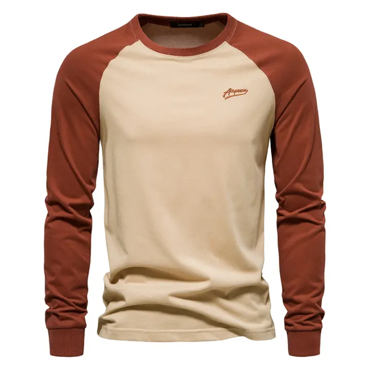 Camiseta de manga raglán de talla europea para hombre, camiseta de manga larga con empalme, Camiseta informal de algodón para hombre - 1
