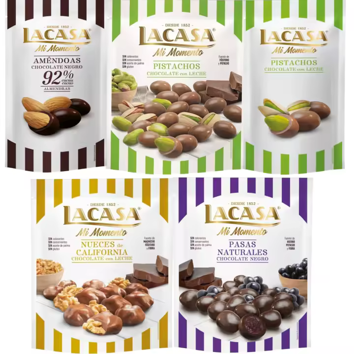 Lacasa Mi Momento pack de 5:Pistacho Chocolate Leche ,Almendra 92% ,Nueces Chocolate Leche,Pasas Chocolate Negro ,Pistacho Chocolate Leche - 1