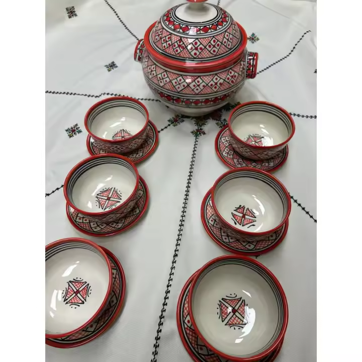 Juego de Sopera Estilo Marroquí con 6 Boles y 6 Platos – Diseño Tradicional y Elegante, Ideal para Servir Sopas, Tajines, Cremas y Caldos en Reuniones Familiares o Cenas Especiales - 1