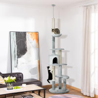 PawHut Árbol para Gatos de Suelo a Techo de 225-255 cm Torre para Gatos Ajustable en Altura con Cueva Plataformas Hamaca Postes Rascadores y Bolas Colgantes Ø60x225-255 cm Gris - details 1