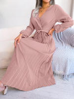 Vestido Largo Elegante Para Mujer Con Cuello En V Manga Larga Pleated Maxi Con Cinturón Estilo Casual De Pierna Larga - details 32