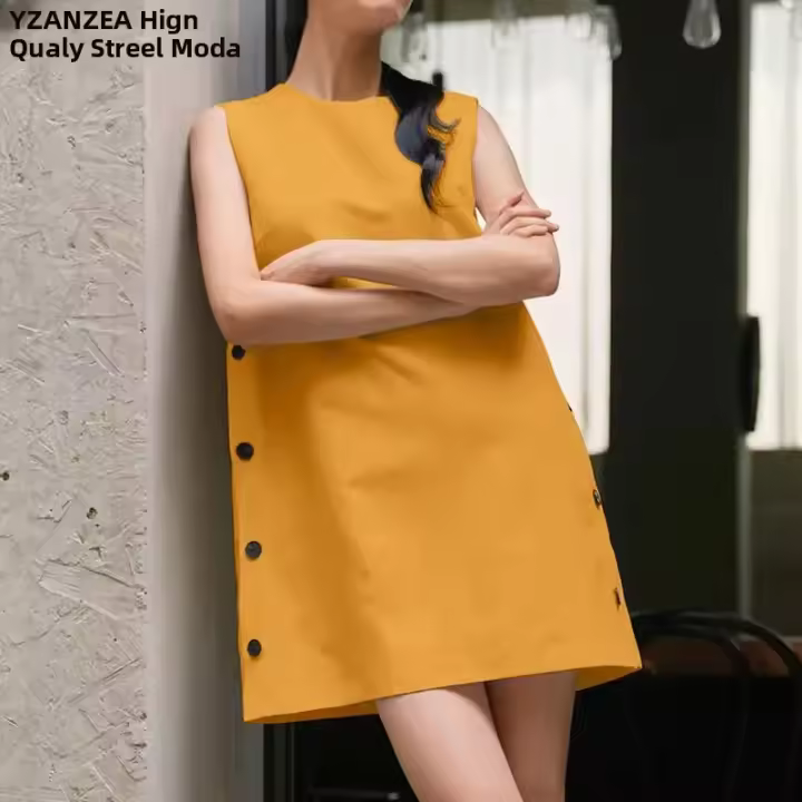 Vestido Mini Sin Mangas Para Mujer ZANZEA Estilo Casual Verano A-Line Con Botones Cuello Redondo Polyester Vestidos Cortos De Fiesta - 1