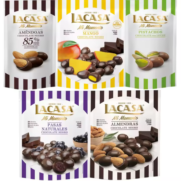 Lacasa Mi Momento pack de 5:Pistacho Chocolate Leche,Almendra 85% ,Pasas Chocolate Negro ,Almendra Chocolate Negro ,Mango Chocolate Negro - 1