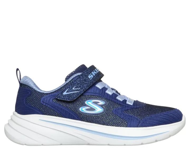 Skechers Wave 92 Girl Navy Blue Light Blue 303557L-NVLB sneakers for girls featuring a flexible sole, elastic laces with adjustable strap for easy wear, and breathable mesh upper, perfect for school and daily activities.