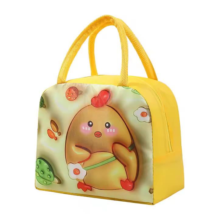Linda Bolsa de dibujos animados en 3D Bolsa de comida de trabajo de oficina con aislamiento de tela Oxford Bolsa de almuerzo para estudiantes Bolsa de almuerzo, Pollo Lindo Amarillo - 1