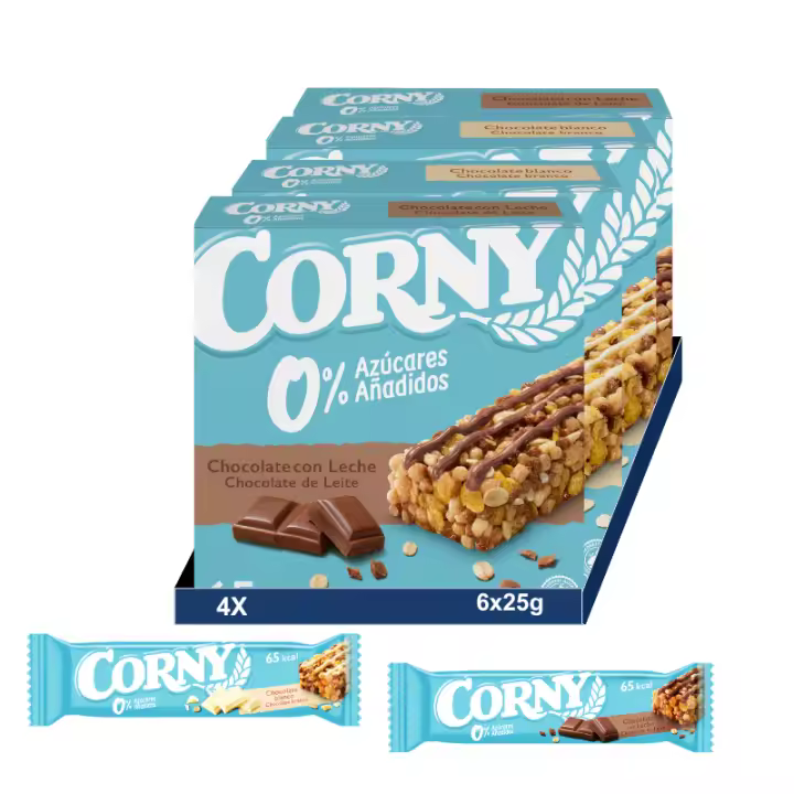CORNY Pack Mixto Barritas Cereales 0% Azúcar de Chocolate Blanco y Chocolate con leche. 4 Packs de 6x20gr - 1