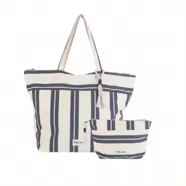 PACK BOLSO DE PLAYA Y NECESER DE LONA RAYAS AZUL Y BLANCO – CON CREMALLERA – MARCA KBAS     PERGAMINO - 1