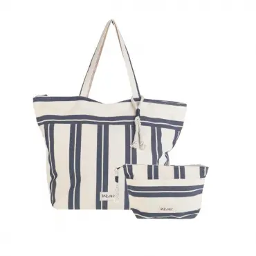 PACK BOLSO DE PLAYA Y NECESER DE LONA RAYAS AZUL Y BLANCO – CON CREMALLERA – MARCA KBAS     PERGAMINO - 1