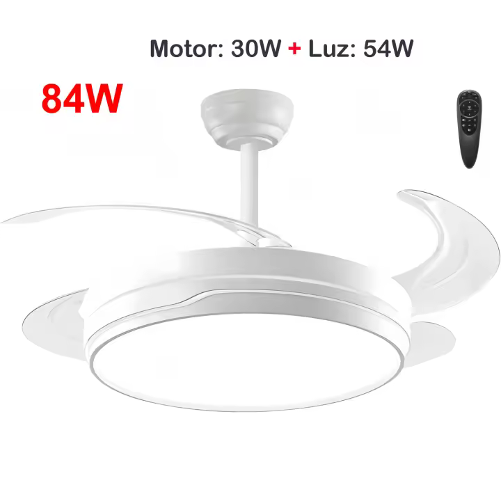 Ventilador de techo con luz de 84 W, ultra silencioso, invisible, con mando a distancia y aspas retráctiles, función verano-invierno, mando integrado blanco nieve Clase energética F Ostark-LEDUNI - 1