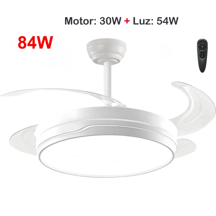 Ventilador de techo con luz de 84 W, ultra silencioso, invisible, con mando a distancia y aspas retráctiles, función verano-invierno, mando integrado blanco nieve Clase energética F Ostark-LEDUNI - 1