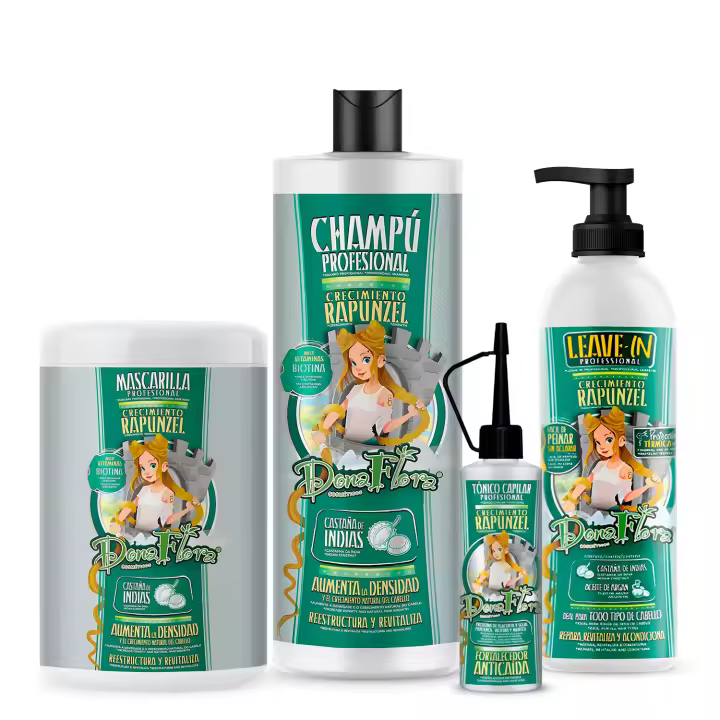 Pack Dona Flora Rapunzel Total: Champú 1000ml + Mascarilla Capilar 1000ml + Tonico Capilar 70ml + Leave-In 500ml - Crecimiento para Todos los Tipos de Cabello con Vitaminas, Biotina y Extracto de Castaño de Indias - Vendido por Beauty World Distributor - 1