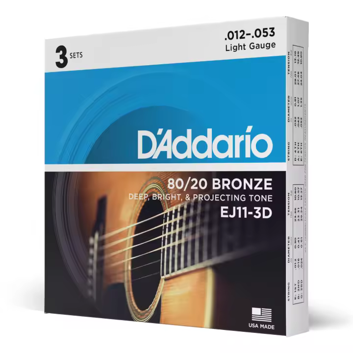 D'Addario EJ11-3D 80/20 Bronze Acoustic Guitar Strings, Light, 12-53, 3 Sets. Code. EJ11-3D - 1