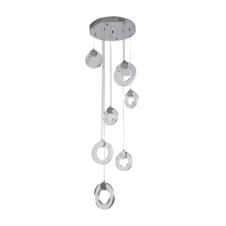 LAMPARA COLGANTE DE TECHO DE METAL , COLOR CROMO Y CRISTAL  SEMITRANSPARENTE.  7 TULIPAS (AROS) DE CRISTAL, LUZ LED 12W x 7 . TONO DE LUZ 4000K.  Ref. 531 - 1