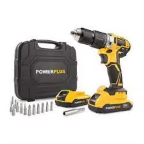 Taladro percutor POWERPLUS 20v +2 baterias + cargador + 52 accesorios - 1