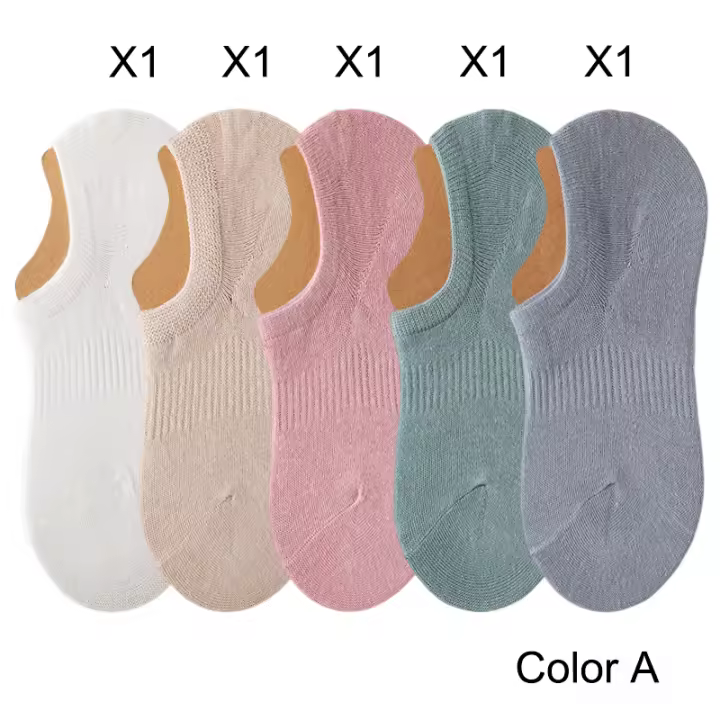 5 Pares De Calcetines Invisibles Para Mujer De Color Sólido Antiaderentes De Verano Calcetines Planos Sin Mostrar De Algodón Y Poliéster - 1