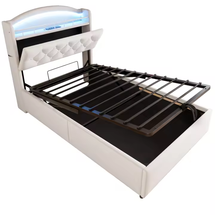 Cama Infantil Multifuncional Tapizada Beige 90x200 cm | Espacio de Almacenamiento with Iluminación LED + Cargas USB | Colchón Antibacteriano y Antiácoches Incluido | Doble Almacenamiento Subcama + Diseño Anti-Trasiego y Fácil Movilidad - 1