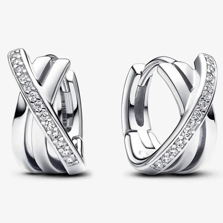 Pandora Pendientes de Aro en Plata de Ley Cruce Abrazo Brillante，Incluye Caja Original - 1