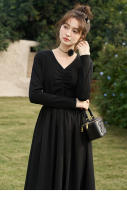 MISHOW Vestido Negro Tejido a Mano Con Ajuste Para Mujer Primavera/Otoño V-cuello Elegante Vintage A-line Midi Vestido MXC59L1640 - details 12