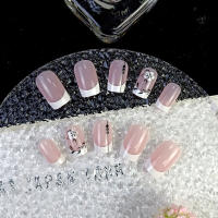 Set De 24 Uñas Postizas De Plástico Gloss Medio Cuadradas Rosa Y Blanco Con Patrón De Flores Uñas Falsas Reutilizables Para Dedos - details 3
