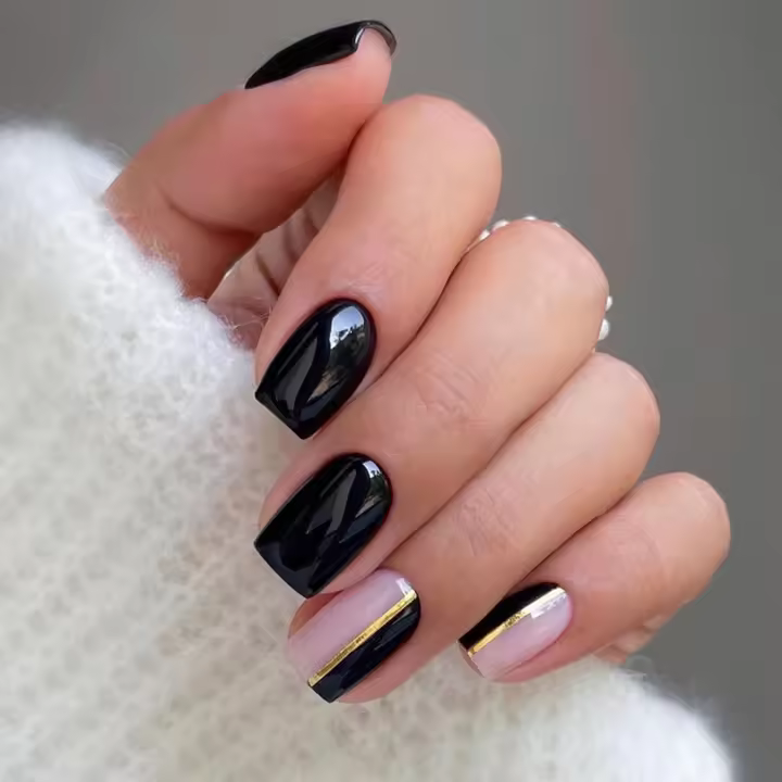 24 uñas postizas Francesas cuadradas con Bordes Dorados y Negros, Con pegamento para uñas postizas, cobertura total (Negro y rosa) - 1