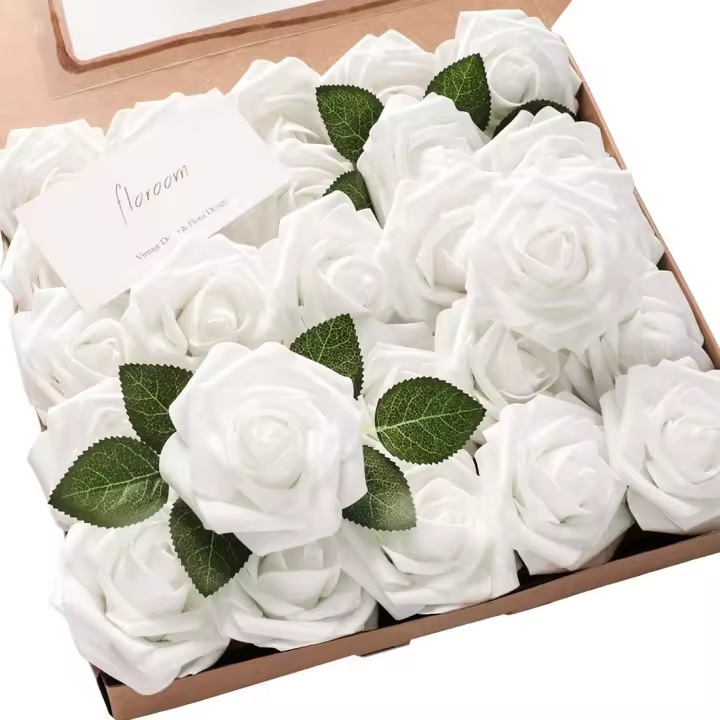 Flores Artificiales, 25 Rosas Falsas de espuma de color Marfil de aspecto real con Tallos - 1