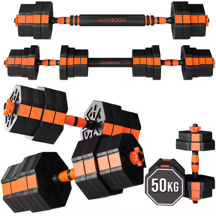 ManiBoom Pesas y Mancuernas Ajustables ANTIDESLIZANTES - Mancuernas 10kg 15kg 20kg 30kg 40kg 50kg Hexagonales con Barra Regulables y Cierre de SEGURIDAD - Kit de Ejercicio y Musculacion Gimnasio en Casa - Set Gym Deporte - 1