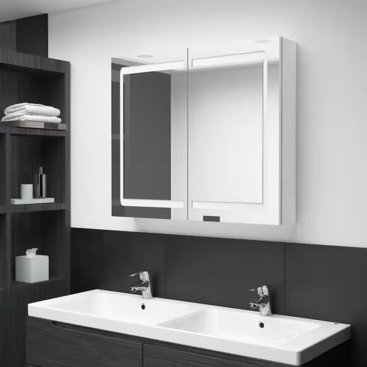 vidaXL Armario de baño con espejo LED blanco brillante 80x12x68 cm en color Blanco brillo/Gris brillo/blanco y roble | almacenamiento funcional diseño moderno para baño dormitorio sala - 1