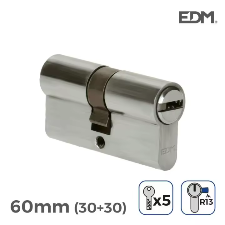 Bombín Níquel 60mm (30+30mm) Leva Corta R13 con 5 Llaves Seguridad Incluidas EDM - 1