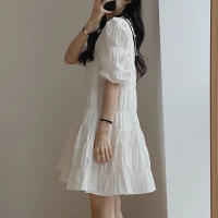 Vestido Blanco De Verano Con Manga Corta Vestido Casual Suelto Plisado Para Mujer Vestido Francés Moda Fiesta Vestido Largo Hasta La Rodilla - details 3