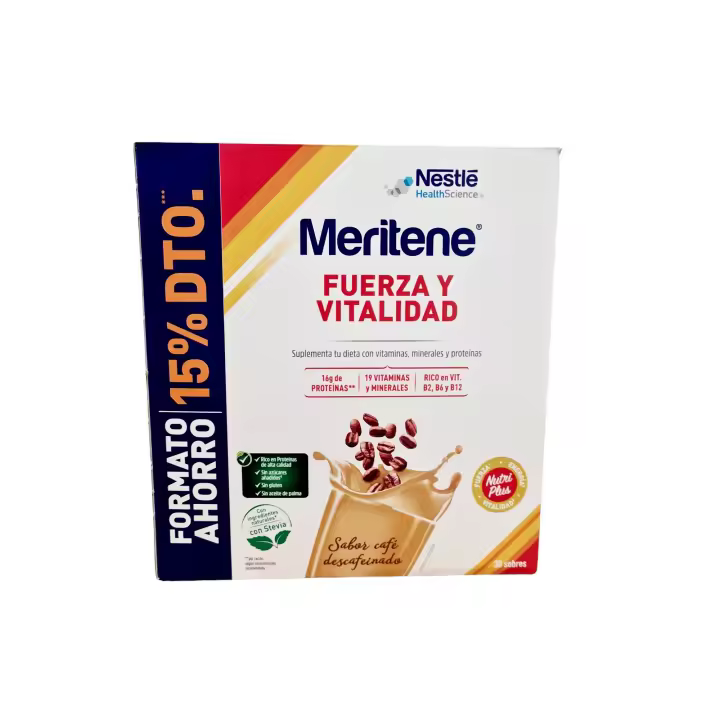 Meritene® FUERZA Y VITALIDAD Pack Ahorro 30 Sobres - Café Descafeinado con Nutriplus, 19 Vitaminas y Minerales, Proteínas de Alta Calidad - 1