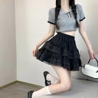 Mini Falda Con Volantes Negra Y Blanca Para Mujer Cintura Elástica Estilo Lolita Kawaii Y2K Faldas De Tul Con Encaje - details 2