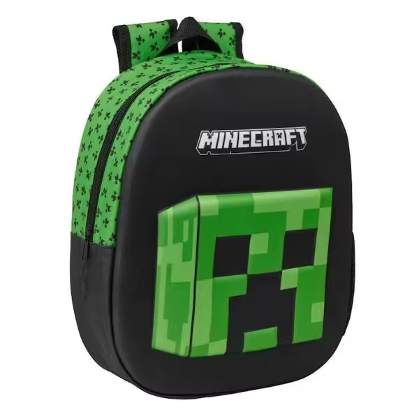 Safta minecraft mochila 3d - asa de mano - portabotellas lateral - 27x33x10cm - color negro/verde - 1