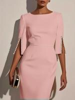Vestido Midi Elegante Para Mujer De Color Sólido Con Decoración De Perlas Cuello Redondo Manga Corta Ajustado De Jersey Polyester - details 4