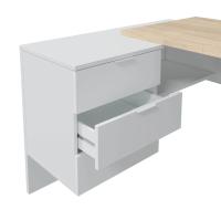 Meimon Mesa de despacho OFFICE reversible con buc integrado de 3 cajones y hueco, guías metálicas, tiradores de aluminio blancos, tacos ABS antirayas, en acabado Roble Canadian y Blanco Artik, 145x102x73 cm, capacidad máxima 25 kg - details 3