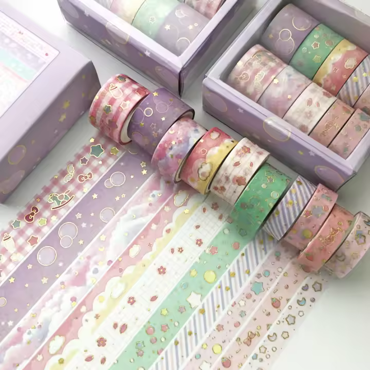 10pcs/set Cinta Adhesiva De Artesanía Kawaii Rosa Y Dorada Para Decoración De Paredes Cinta De Arroz Washi DIY Scrapbooking Etiquetas Estilo Japonés De Estación - 1