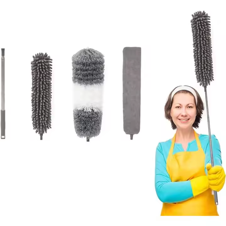 4 Piezas Cepillo Antipolvo de cabecera, Plumero de Microfibra Extra Largo 250 cm Mango de Acero Inoxidable, Cepillo de Limpieza de Barrido de trapeador de Mango Largo Ajustable para Luces, Persianas - 1