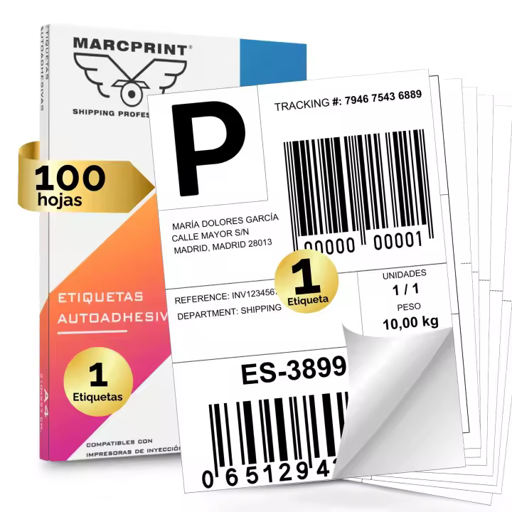 MARCPRINT - Etiqueta Adhesiva de Folio A4 - 100 Hojas - Pegatina Folio - Etiquetas Autoadhesivas - Impresoras de Láser y Tinta - 1