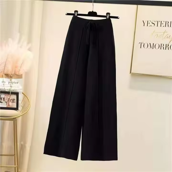 Pantalones de punto para mujer, cinturón, alta elasticidad, pantalones cortos tipo bermuda con cordón, pierna recta y ancha para primavera - 1