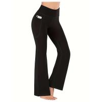 Pantalones De Yoga Flared Para Mujer Cintura Alta Con Bolsillos Pantalones Deporte Casual Cruzados De Polyester - details 1