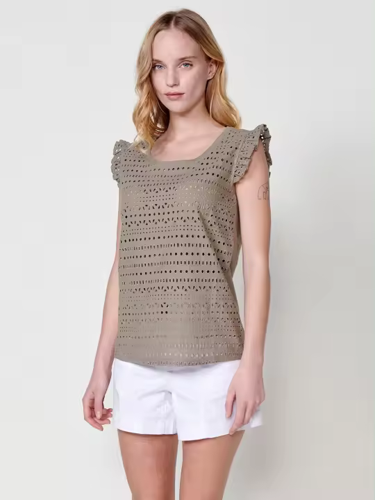 Koroshi Camiseta de manga corta con cuello redondo y frontal con mangas volante y tejido bordado inglés con espalda y tejido estructura flamé con placa metálica con logo Koröshi para mujer - 1