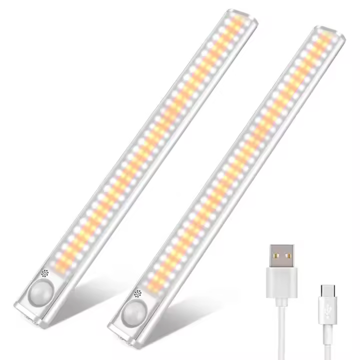 Paquete de 2 160 luces LED para armario con sensor de movimiento, luces debajo del gabinete, iluminación inalámbrica para interiores, barra de luz con pilas, luz de armario recargable regulable para cocina, armario, escaleras - 1