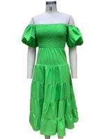 BAMBOOBOY Vestido Largo De Verano Para Mujer Hombros Descubiertos Color Sólido Manga Corta Puff Cuello Abierto A-Line Cintura Alta Midi Sundress - details 13