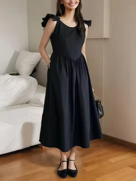 Vestido De Verano Para Mujer Corte A-line De Pierna Media Sin Espalda Con Cintura Definida Y Bolsillos Estilizado Con Flores - 1