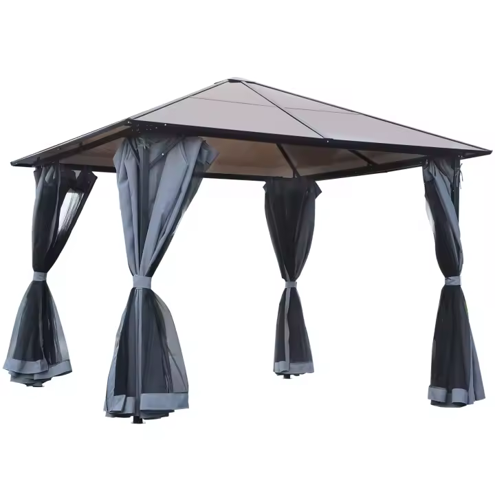 Outsunny Cenador de Jardín 3x3 m Pabellón de Exterior con Techo de Policarbonato 4 Cortinas Laterales y 4 Mosquiteras con Cremalleras Marco de Metal para Fiestas Eventos Multicolor - 1
