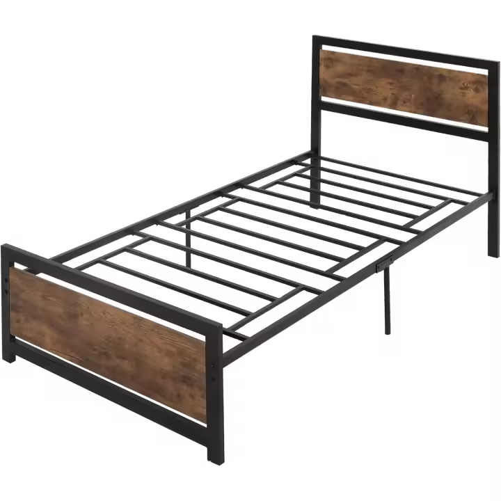 Marco de cama individual de madera y acero 97x 208x103cm, listones integrados, cabecero y piecero de estilo industrial, negro y marrón rústico - 1
